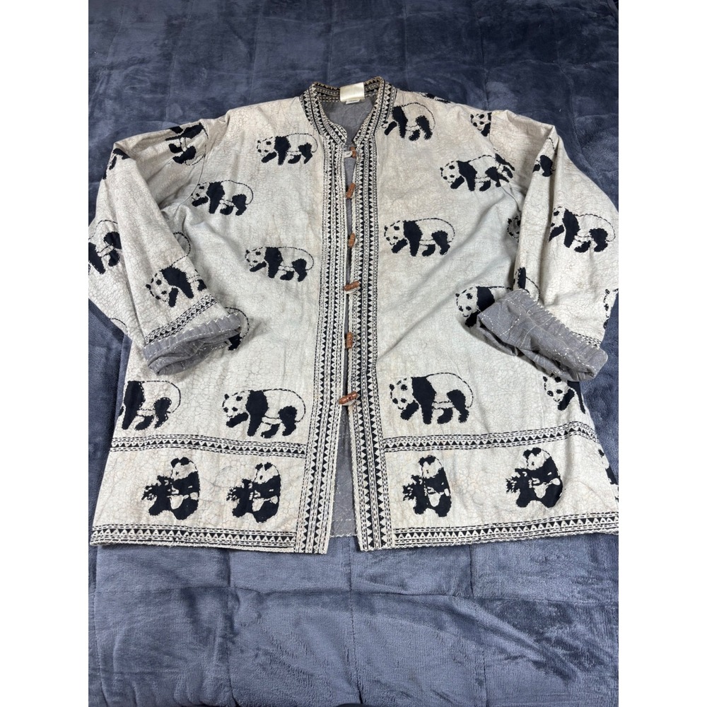 Chicos Design Vintage Panda Bear Cotton Toggle Jacket Beige Black L-XL